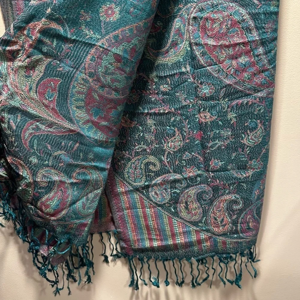 Elegant Shawl in Metallic Green Paisley-Versatile Wrap, Scarf, Veil, Soft Cozy